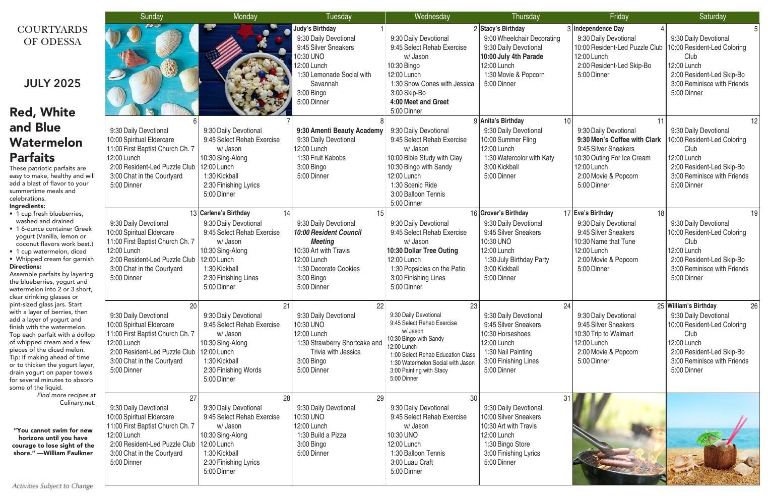 Assisted Living Event Calendar