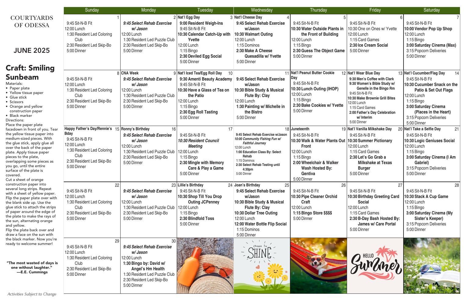 Assisted Living Event Calendar
